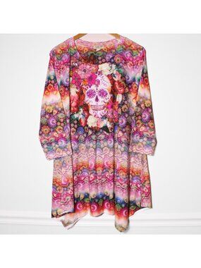 One World Embellished Sugar Skull Colorful Tunic Top 3/4 Sleeve Artsy Size XL